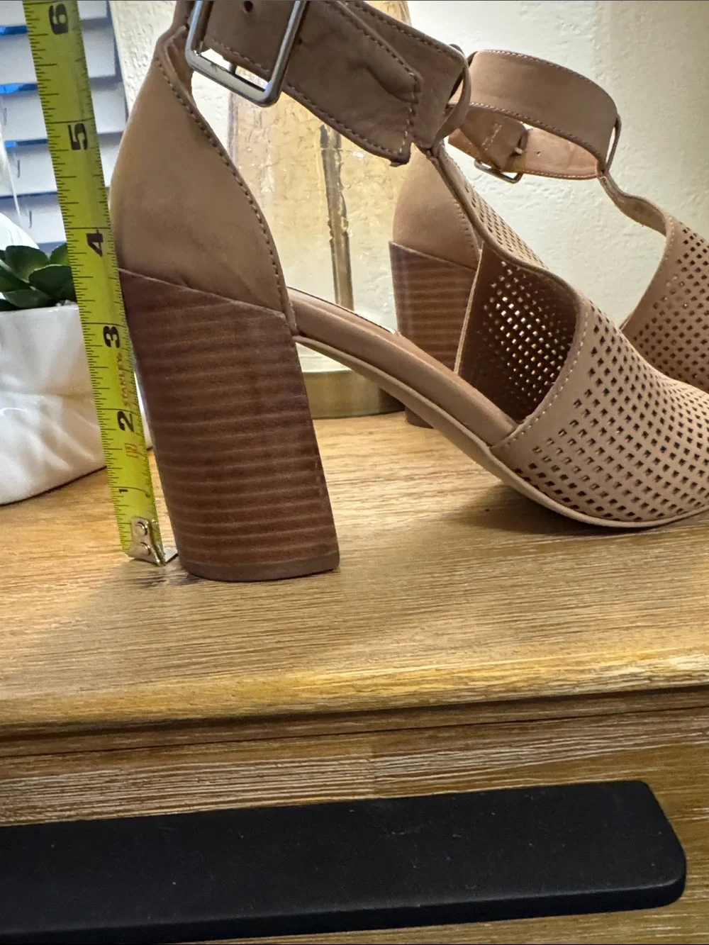 Steve Madden Tan Leather Perforated Ankle-Strap Block Heel Sandal